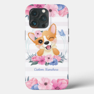 Cute Corgi Dog Flower Wreath Blue Butterfly Custom iPhone 13 Pro Case