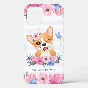 Cute Corgi Dog Flower Wreath Blue Butterfly Custom iPhone 12 Case