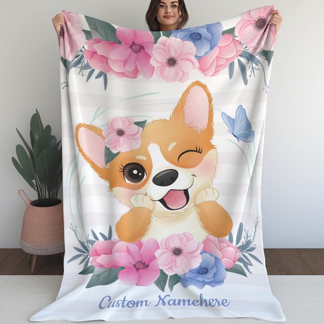 Cute Corgi Dog Flower Wreath Blue Butterfly Custom Fleece Blanket (Cute Corgi Dog Flower Wreath Blue Butterfly Custom Fleece Blanket (L))