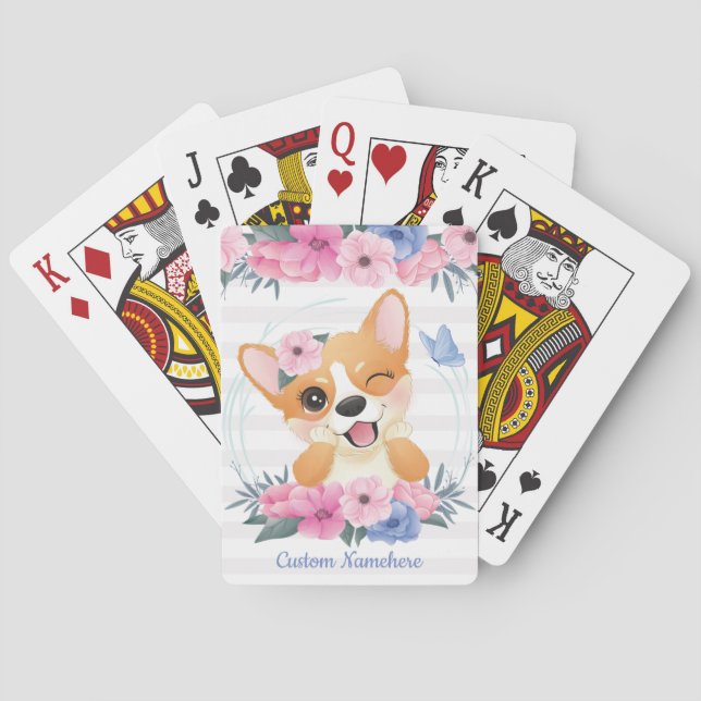 Cute Corgi Dog Flower Wreath Blue Butterfly Custom Playing Cards (Back)