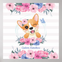 Cute Corgi Dog Flower Wreath Blue Butterfly Custom