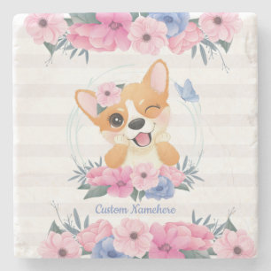 Cute Corgi Dog Flower Wreath Blue Butterfly Custom Stone Coaster