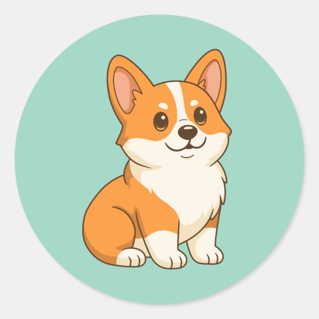 Cute Corgi Dog Green Classic Round Sticker (Front)