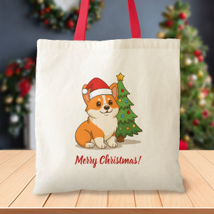 Cute Corgi Dog in a Red Hat with Christmas Tree Tote Bag