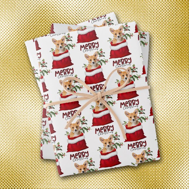 Cute Corgi Dog in Holiday Gift Bag Wrapping Paper Sheet (Creator Uploaded)