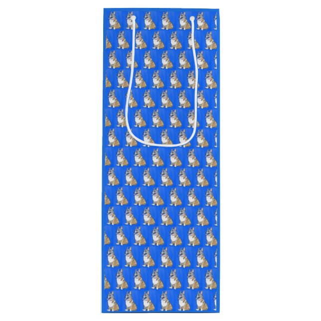 Cute Corgi Dog Pattern on Blue Background Wine Gift Bag (Front)