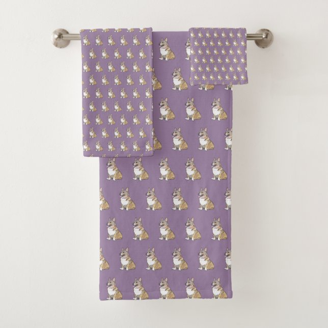 Cute Corgi dog pattern on Violet Background Bath Towel Set (Insitu)