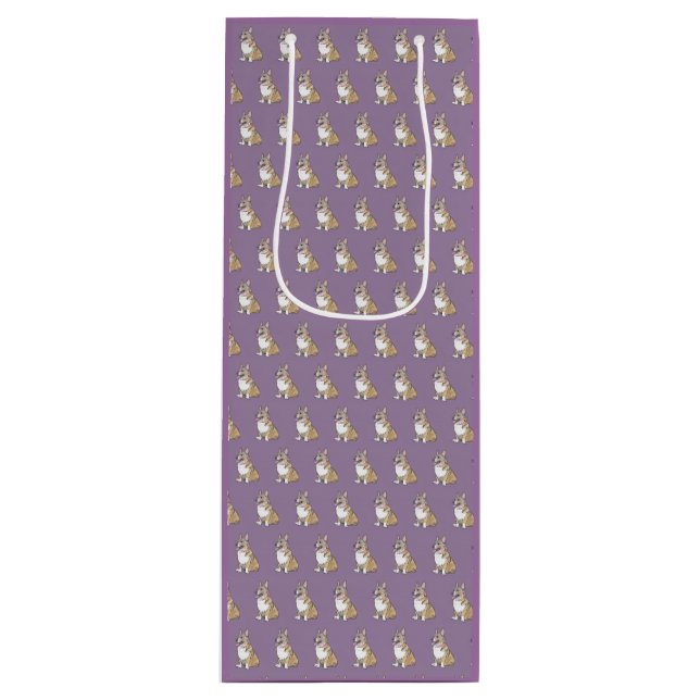 Cute Corgi Dog Pattern on Violet Background Wine Gift Bag (Front)