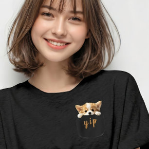 Cute Corgi Dog Peeeking Out Fake Pocket T-Shirt