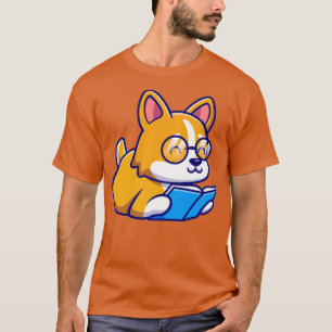 Cute Corgi Dog Reading Book Cartoon T-Shirt