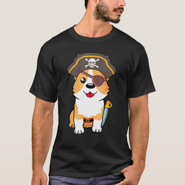 Cute Corgi Dog Skull Pirate Captain Easy Halloween T-Shirt (Front)