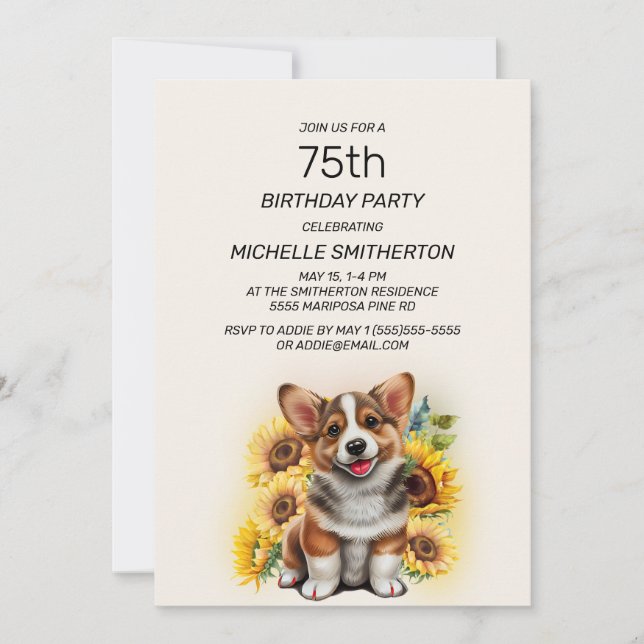 Cute Corgi Dog Sunflowers 75th Birthday Invitation (Front)