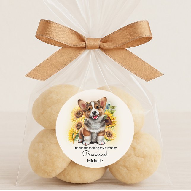 Cute Corgi Dog Sunflowers Birthday Classic Round Sticker (Corgi/dog favor bag sticker for a birthday party. "Thanks for making my birthday pawsome!")