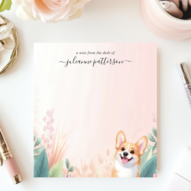 Cute Corgi Dog Tropical Foliage Personalised Name Notepad (Creator Uploaded)