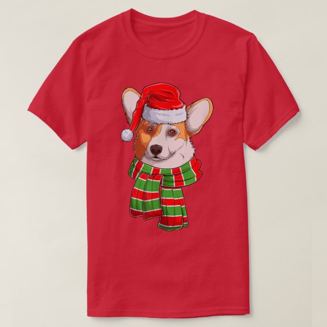 Cute Corgi Dog Wearing Red Santa Hat  T-Shirt (Design Front)