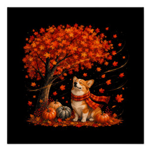 Cute Corgi Dog with Fall Leaves Forest Autumn Poster