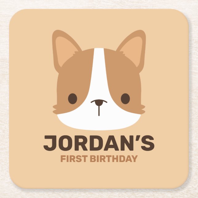 Cute Corgi Dog with Personalised Name Square Paper Coaster (Front)