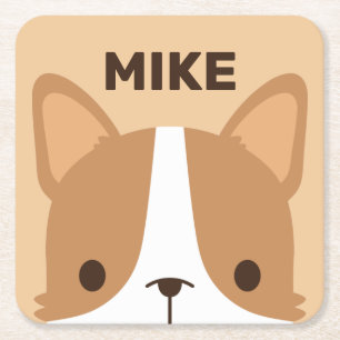 Cute Corgi Dog with Personalised Name Square Paper Coaster