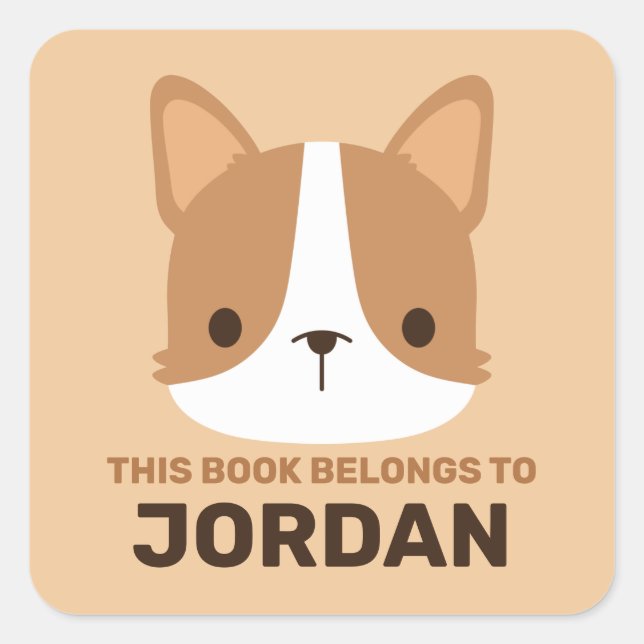 Cute Corgi Dog with Personalised Name Square Sticker (Front)