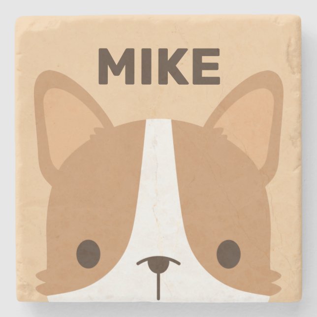 Cute Corgi Dog with Personalised Name Stone Coaster (Front)