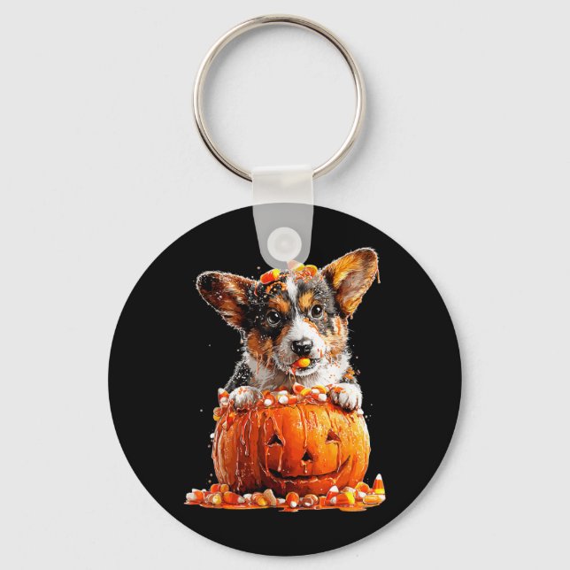 Cute Corgi Dripping Pumpkin Candy Corn Halloween Key Ring (Front)