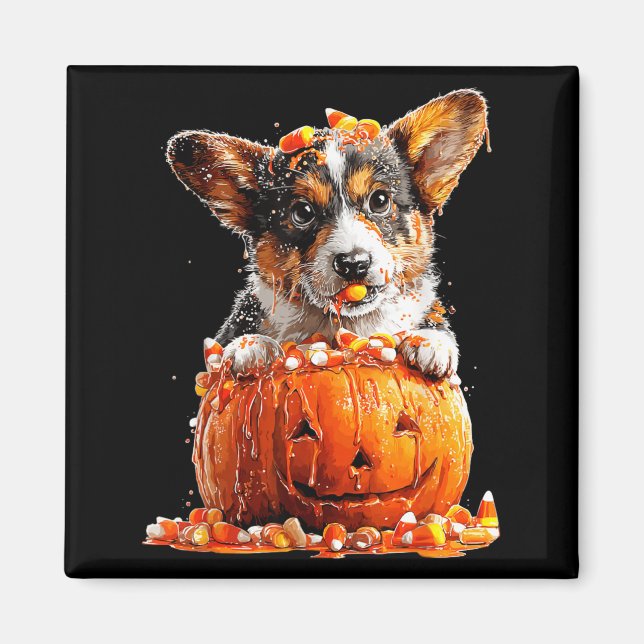 Cute Corgi Dripping Pumpkin Candy Corn Halloween Magnet (Front)