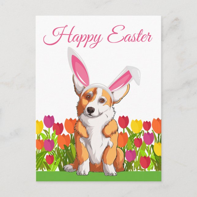 Cute Corgi Easter Bunny Ears Tulip Flowers Postcard (Front)