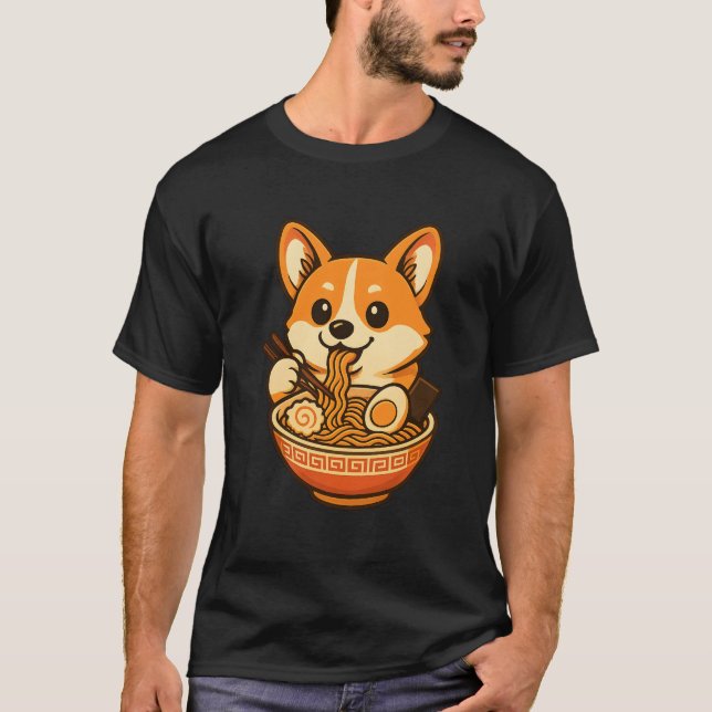 Cute Corgi Eating Ramen ,Kawaii Dog T-Shirt Design (Front)
