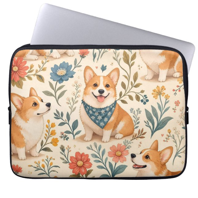 Cute Corgi Floral Garden Pattern Laptop Sleeve (Front)