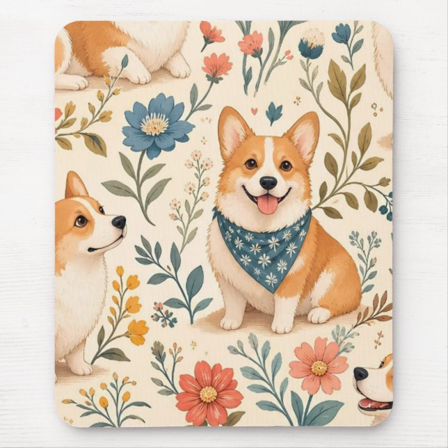 Cute Corgi Floral Garden Pattern Mouse Pad (Front)