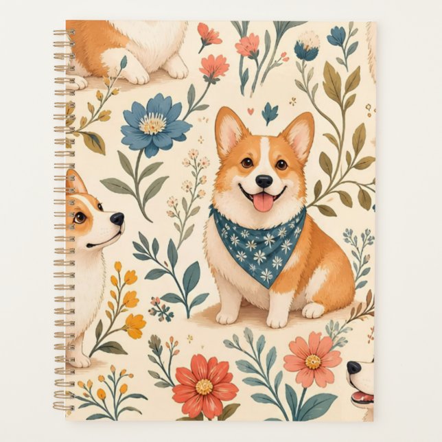 Cute Corgi Floral Garden Pattern Planner (Front)