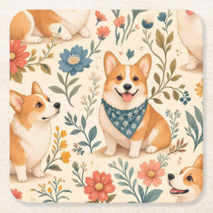 Cute Corgi Floral Garden Pattern Square Paper Coaster