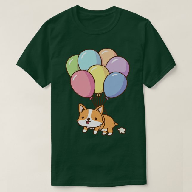 Cute Corgi Flying With Rainbow Balloons T-Shirt (Design Front)