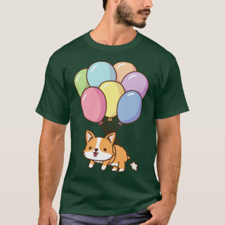 Cute Corgi Flying With Rainbow Balloons T-Shirt