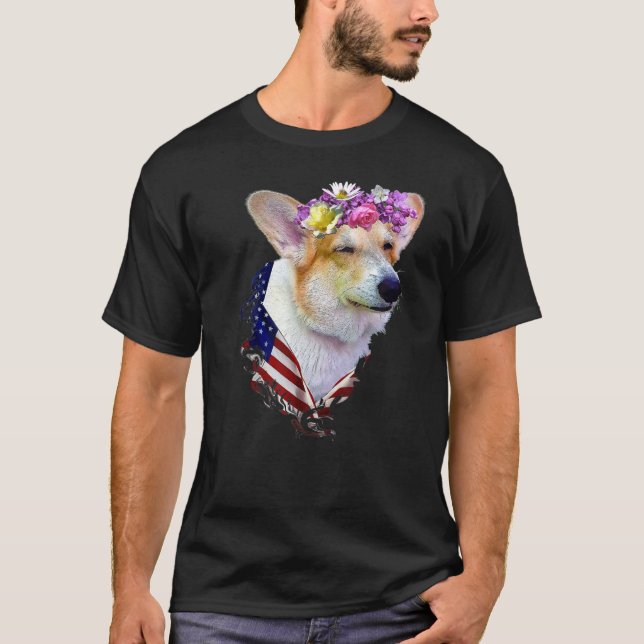 Cute Corgi In Flower Wreath  American Flag Dog T-Shirt (Front)