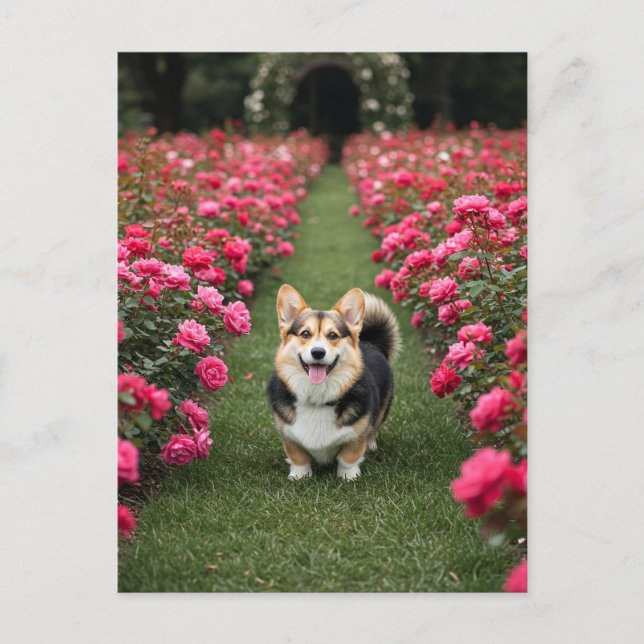 Cute Corgi in Roses Postcard (Front)