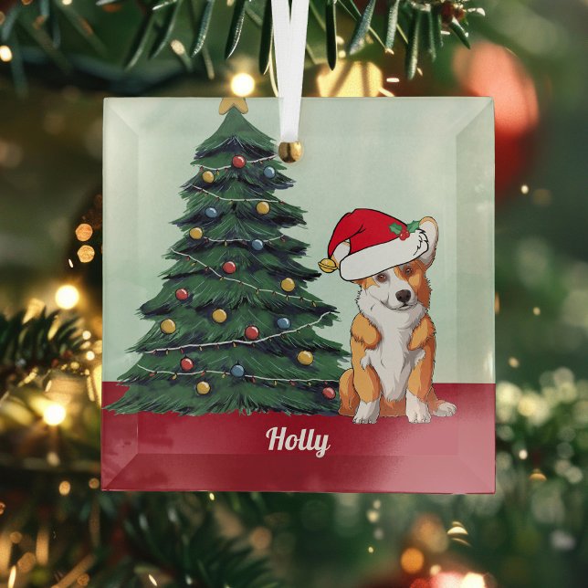 Cute Corgi in Santa Hat Personalised Christmas Glass Tree Decoration (Creator Uploaded)