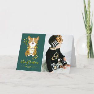 Cute Corgi in String Lights Photo Merry Christmas Holiday Card