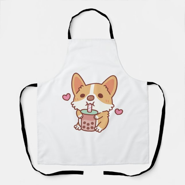 Cute Corgi Loves Drinking Bubble Tea Apron (Front)
