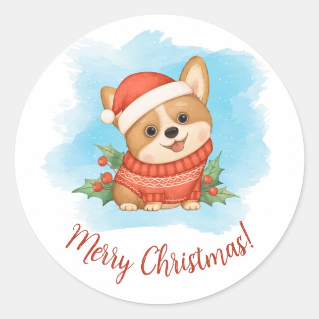 Cute Corgi Merry Christmas Classic Round Sticker (Front)