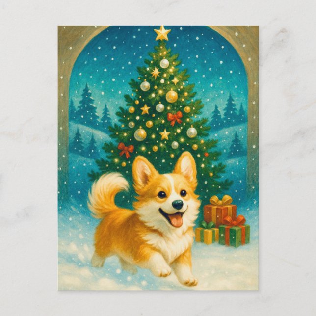 Cute Corgi Merry Happy Christmas Tree Postcard  (Front)