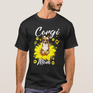 Cute Corgi Mom Sunflower With Dog Paw Mothers Day T-Shirt