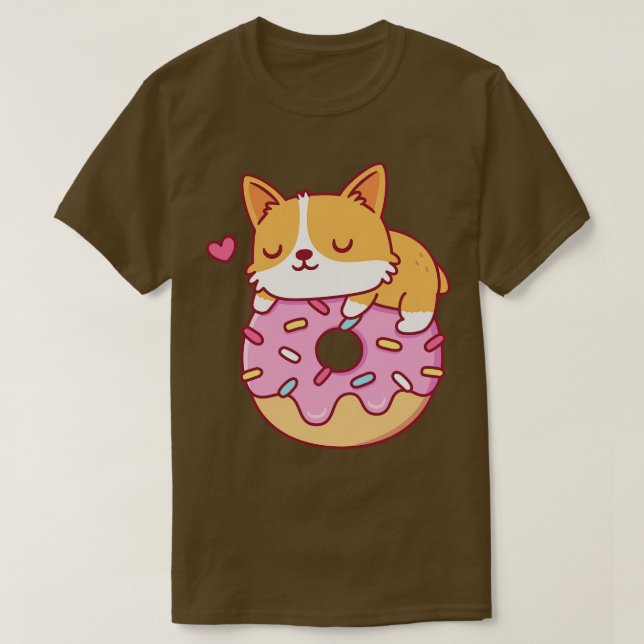 Cute Corgi On Doughnut Funny T-Shirt (Design Front)