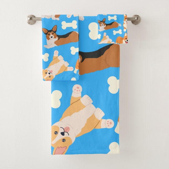 Cute Corgi Pattern Blue Bath Towel Set (Insitu)