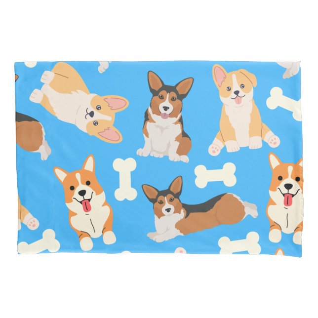 Cute Corgi Pattern Blue Pillowcase (Front)