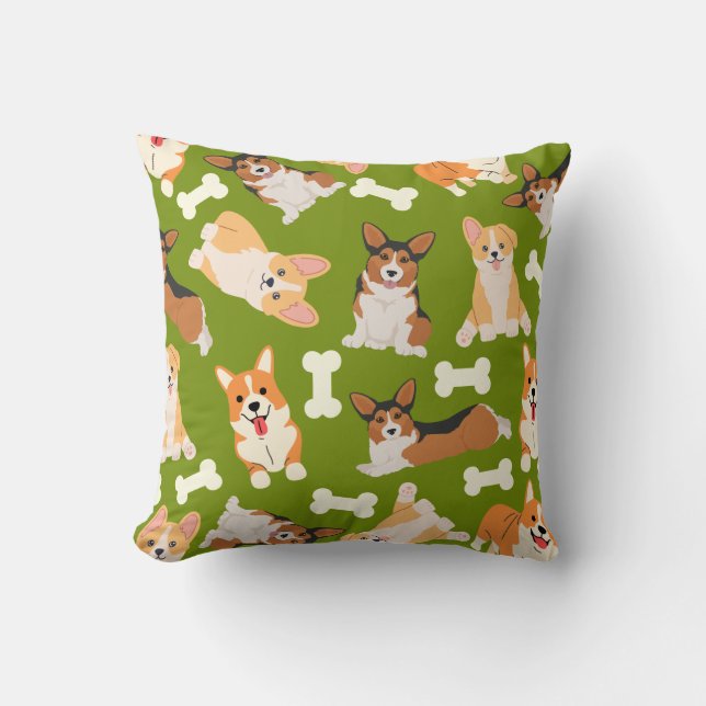 Cute Corgi Pattern Green Cushion (Front)