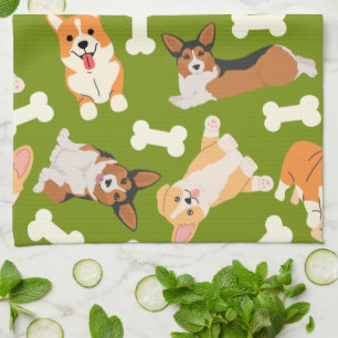 Cute Corgi Pattern Green Tea Towel