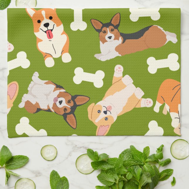 Cute Corgi Pattern Green Tea Towel (Folded)
