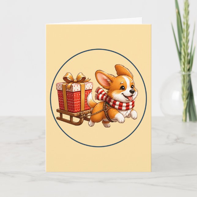 Cute Corgi Pulling Christmas Gift Sledge Ornament Card (Front)