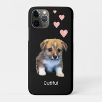 Cute Corgi Puppy Dog & Hearts on Black